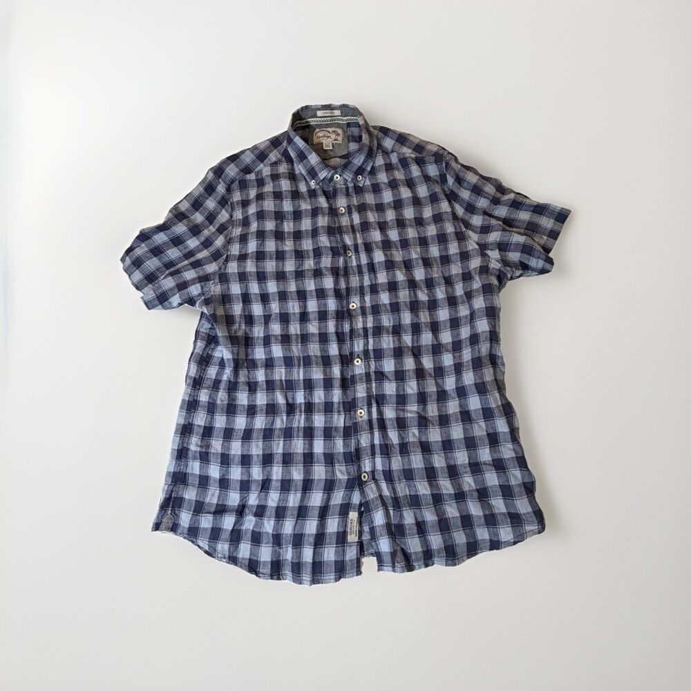 Heritage 1981 Mens XL 100% Linen Plaid Button Front Short Sleeve Casual Blue